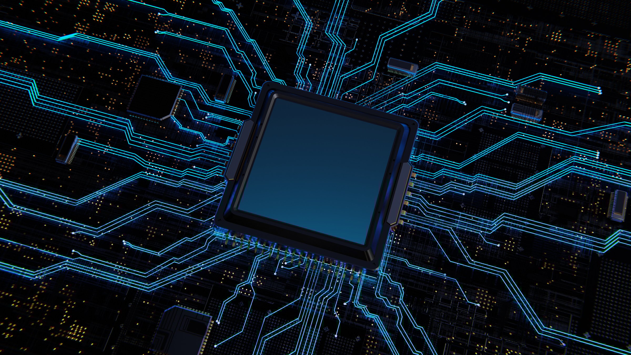 Computer chip processor on motherboard glows blue. Artificial intelligence Graphics chip, mining, digital technologies, network security. 3d render